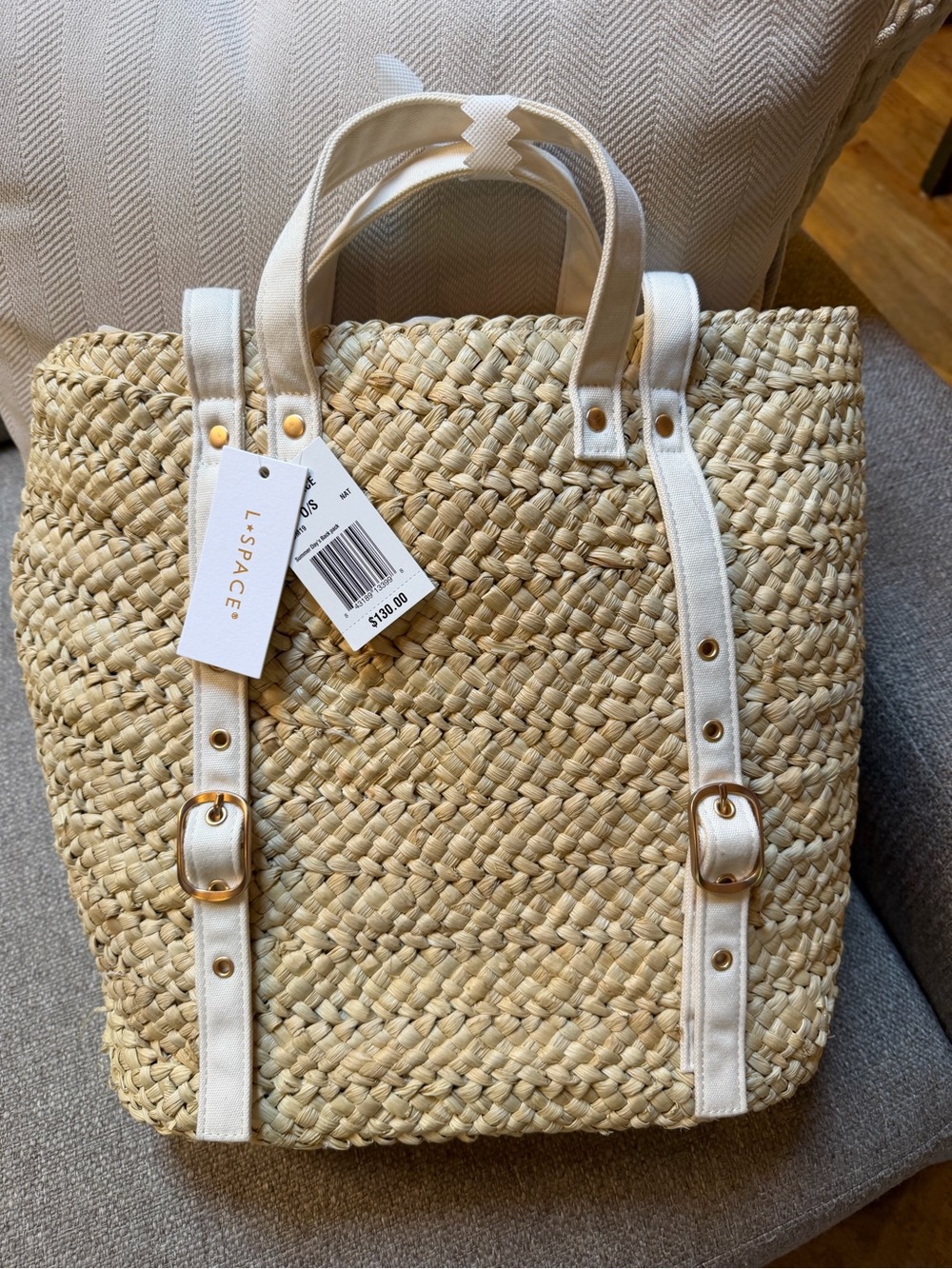 l*space Natural Straw Tote with Cream Canvas Straps and Gold Hardware